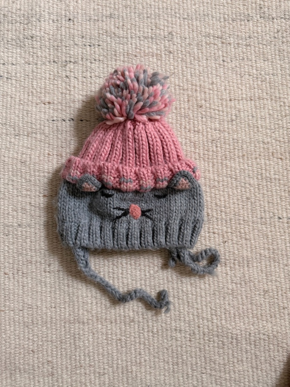 Zara Kids Pink and Gray Knit Pom-Pom Animal Earflap Hat